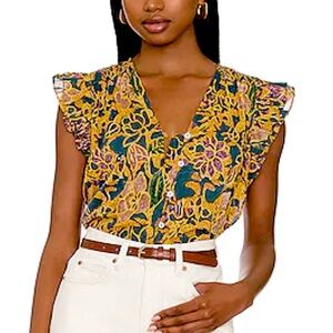 Cleobella Multicolor Floral Blouse with Ruffle Sleeves, Size Small